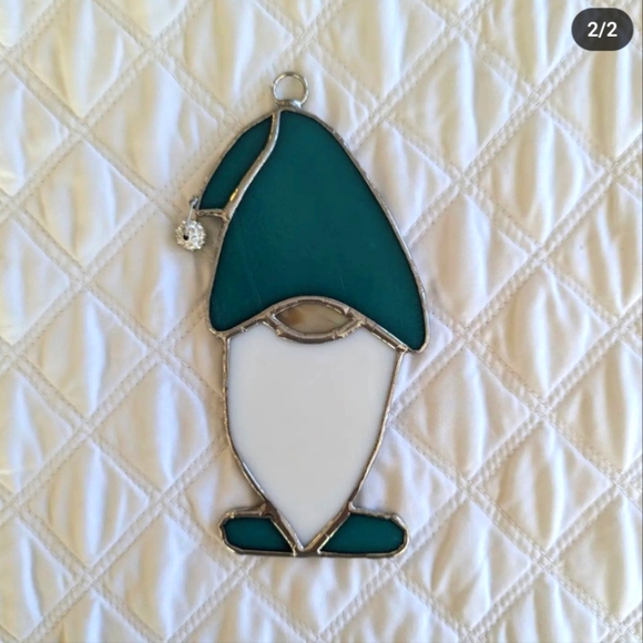 Handmade Blue Gnome Stained Glass Suncatcher Ornament with Blue Hat - Picture 3 of 5